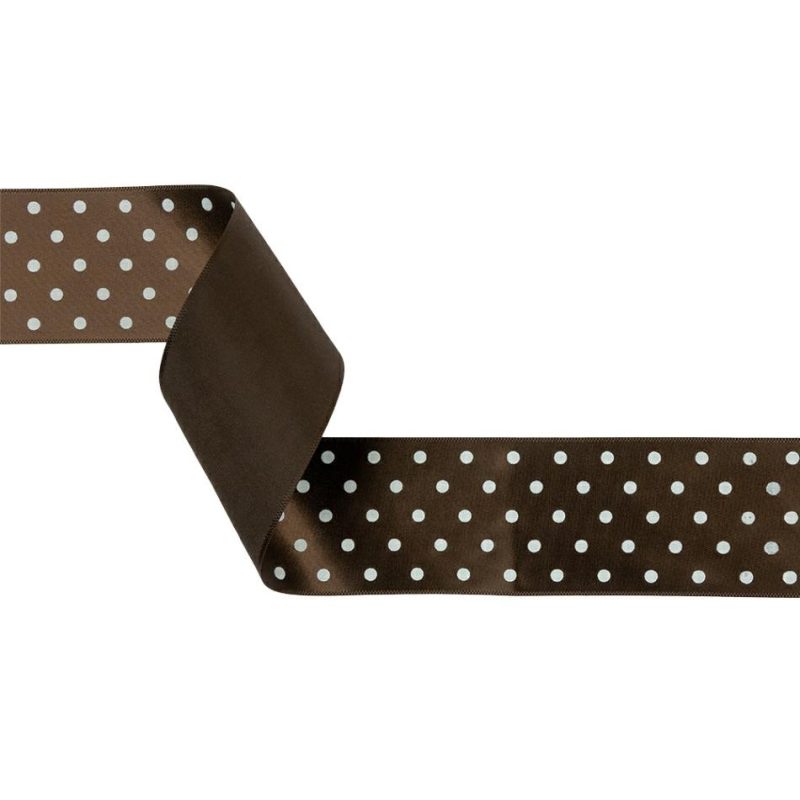 Satin | Brown And White Polka Dot Satin Ribbon – 1.5" Printed Printed