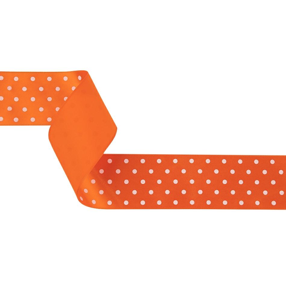 Satin | Carrot And Bright White Polka Dots Satin Ribbon – 1.5" Ribbons Carrot,Bright White