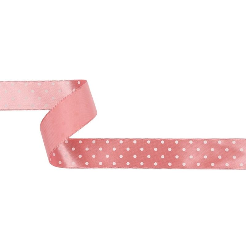 Satin | Flamingo And White Polka Dot Satin Ribbon – 1" Printed Printed