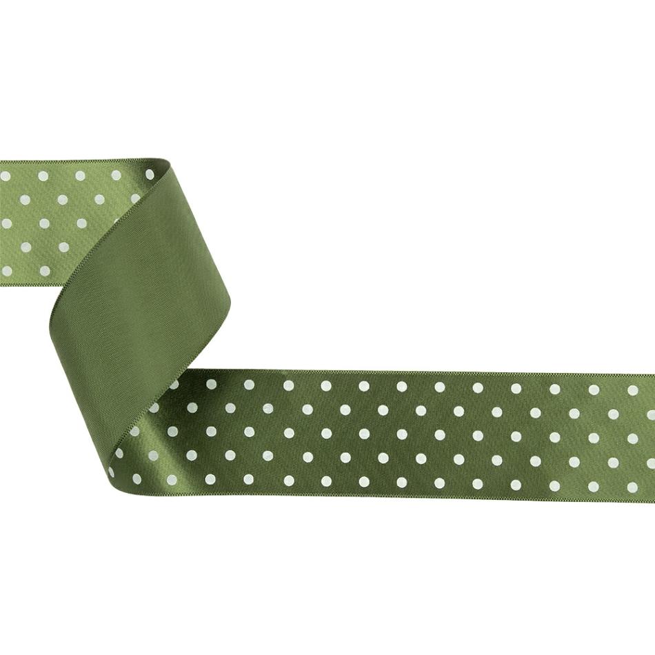 Satin | Moss And White Polka Dot Satin Ribbon – 1.5" Printed Printed