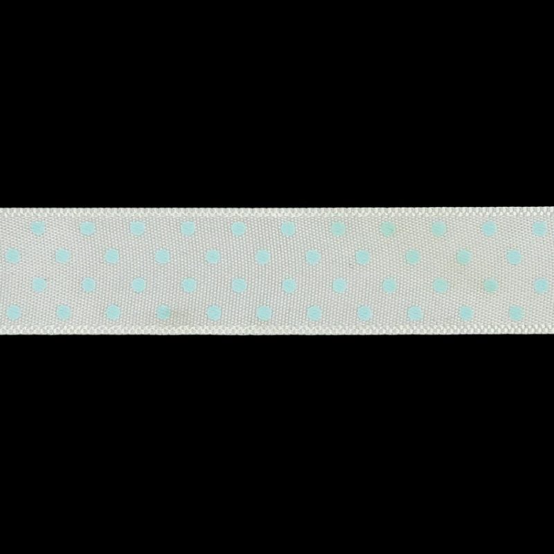 Satin | White And Baby Blue Polka Dot Satin Ribbon – 0.625" Printed Printed