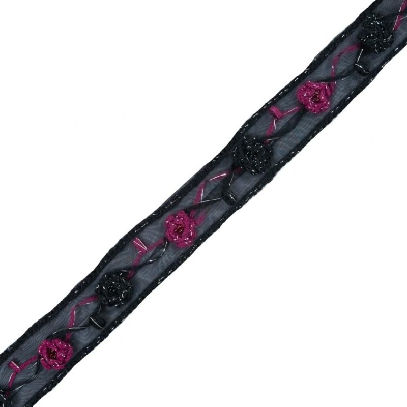 Sheer | Black Embroidered Organza Trim – 1.25" Organza Festive Fuschia,Black