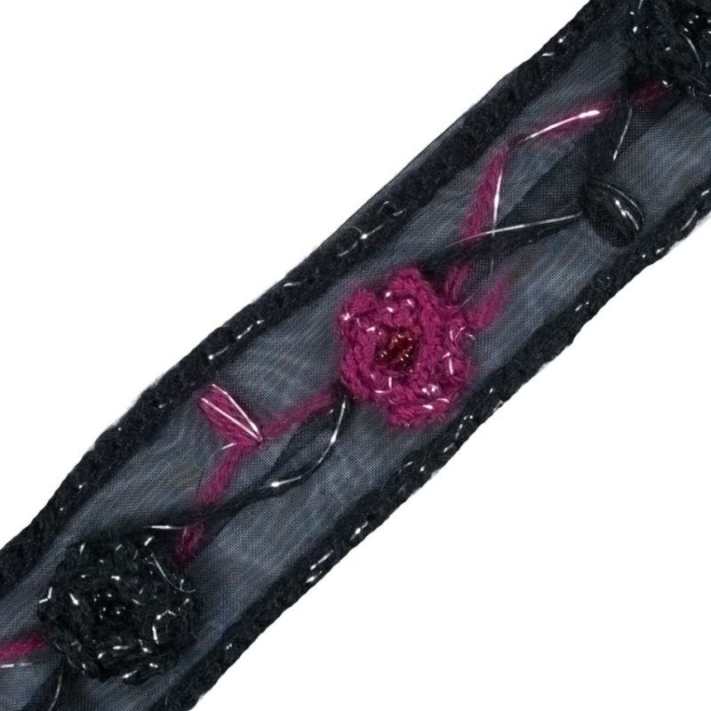 Sheer | Black Embroidered Organza Trim – 1.25" Organza Festive Fuschia,Black