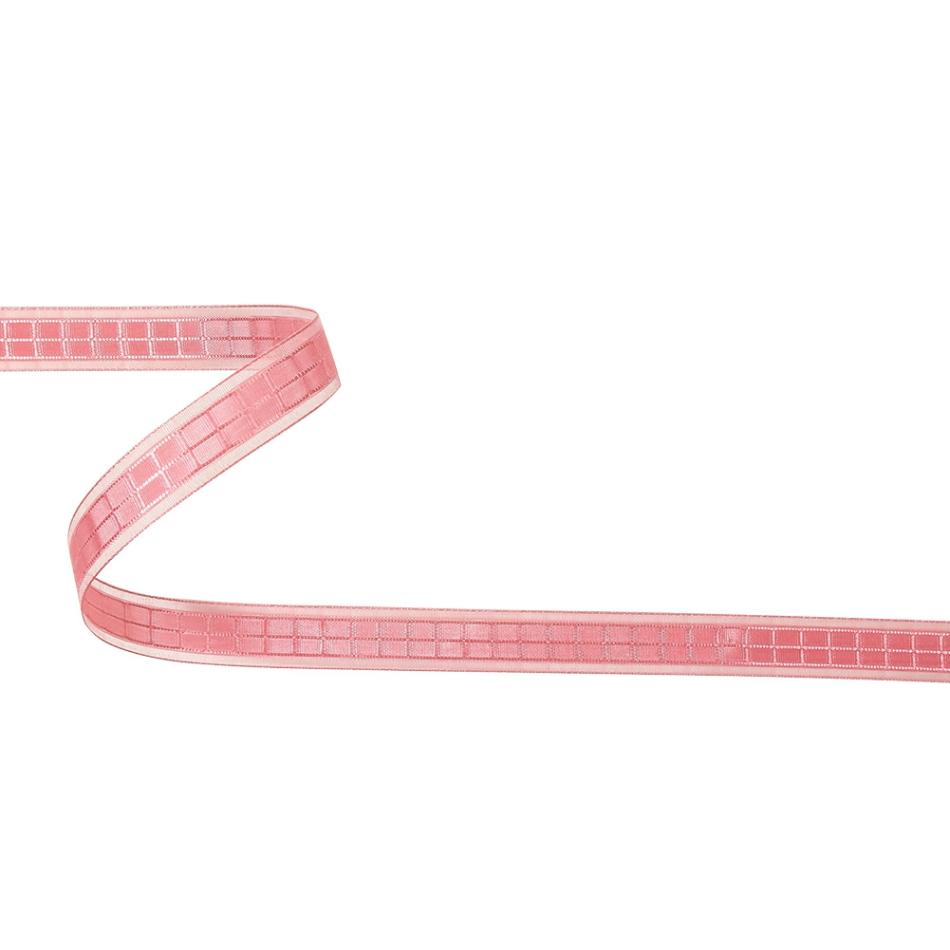 Sheer | Bubblegum Pink Windowpane Checks And Sheer Borders Woven Ribbon – 0.625" Ribbons Sheer