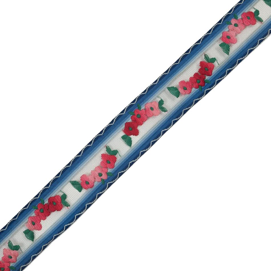 Sheer | Pink Flowers Embroidered On Blue Lined Tulle Trimming – 1.5" Ribbons Sheer