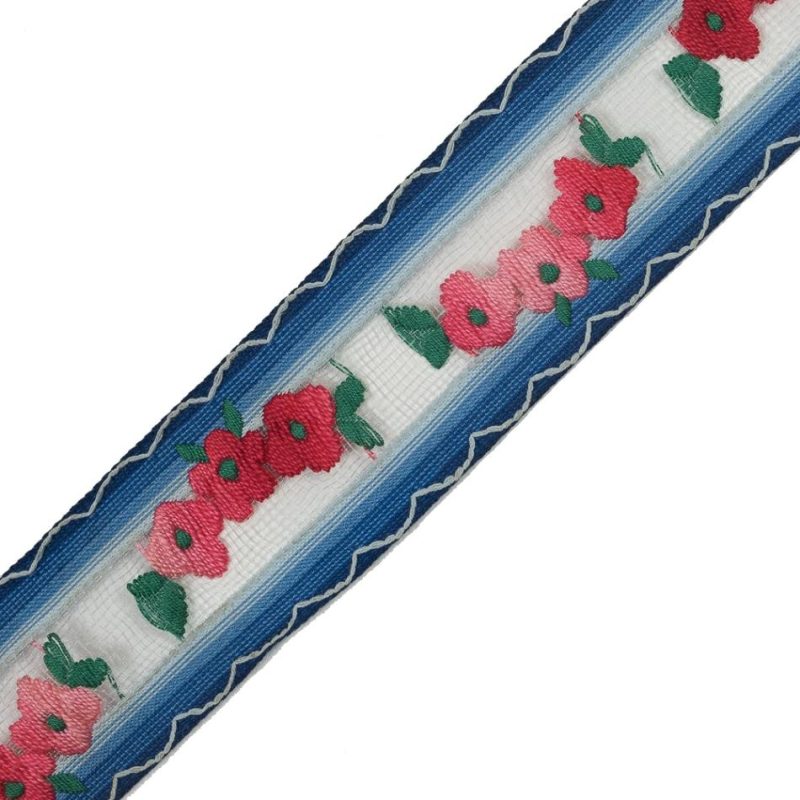 Sheer | Pink Flowers Embroidered On Blue Lined Tulle Trimming – 1.5" Ribbons Sheer