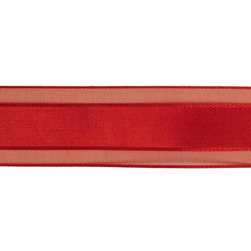 Sheer | Red Woven Ribbon With Sheer Organza Borders – 1" Ribbons Sheer