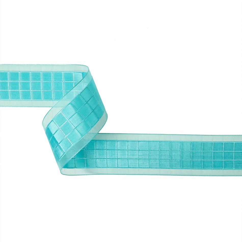 Sheer | Turquoise Windowpane Checks And Sheer Borders Woven Ribbon – 1.5" Ribbons Sheer