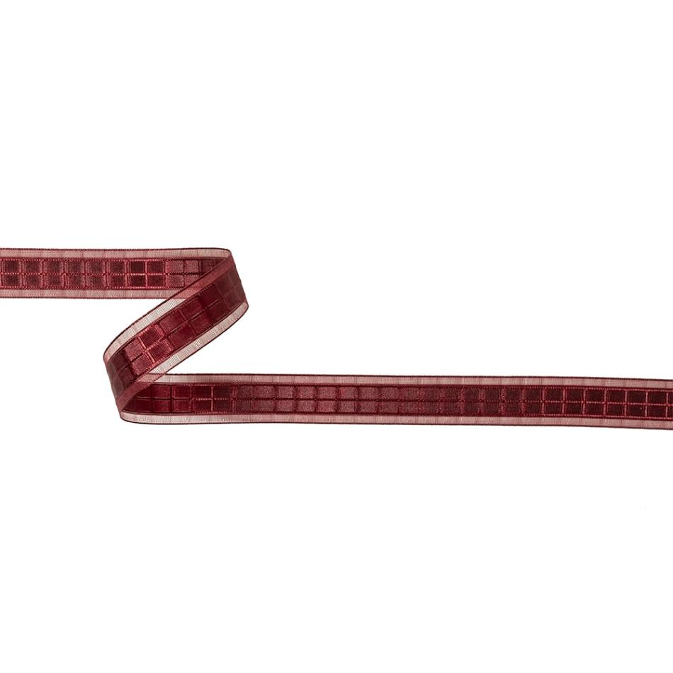 Sheer | Wine Red Windowpane Checks And Sheer Borders Woven Ribbon – 0.625" Ribbons Sheer