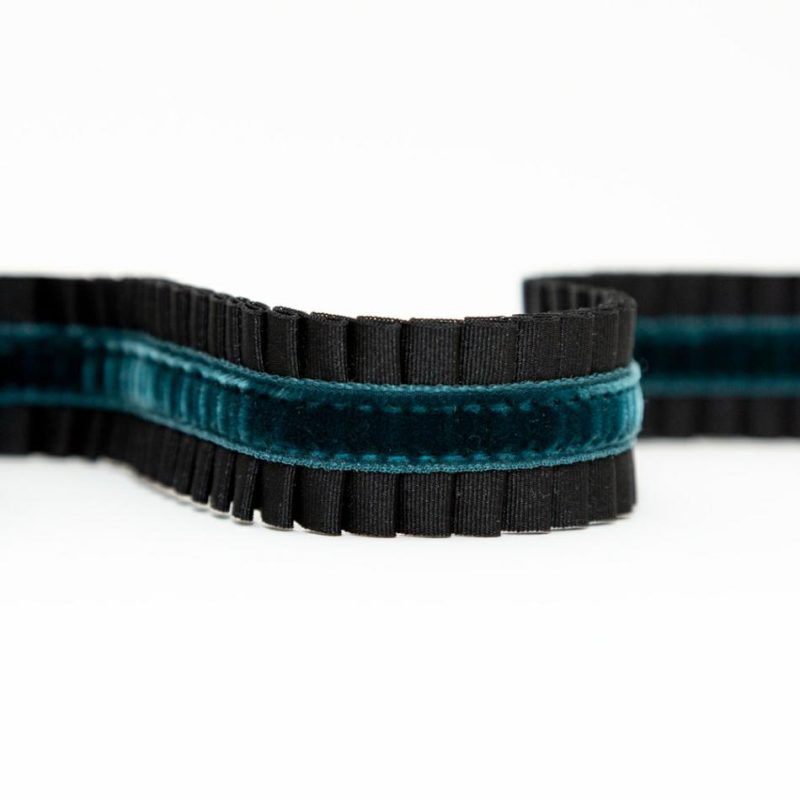 Velvet | Black And Teal Pleated Grosgrain Ribbon With Velvet Center – 1" Pleated & Plisse Black,Teal