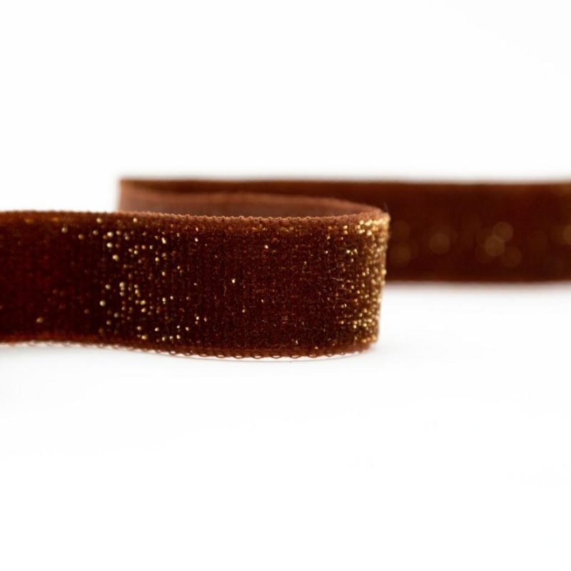 Velvet | Brownie And Gold Glitter Velvet Ribbon – 0.625" Metallic Brown,Gold