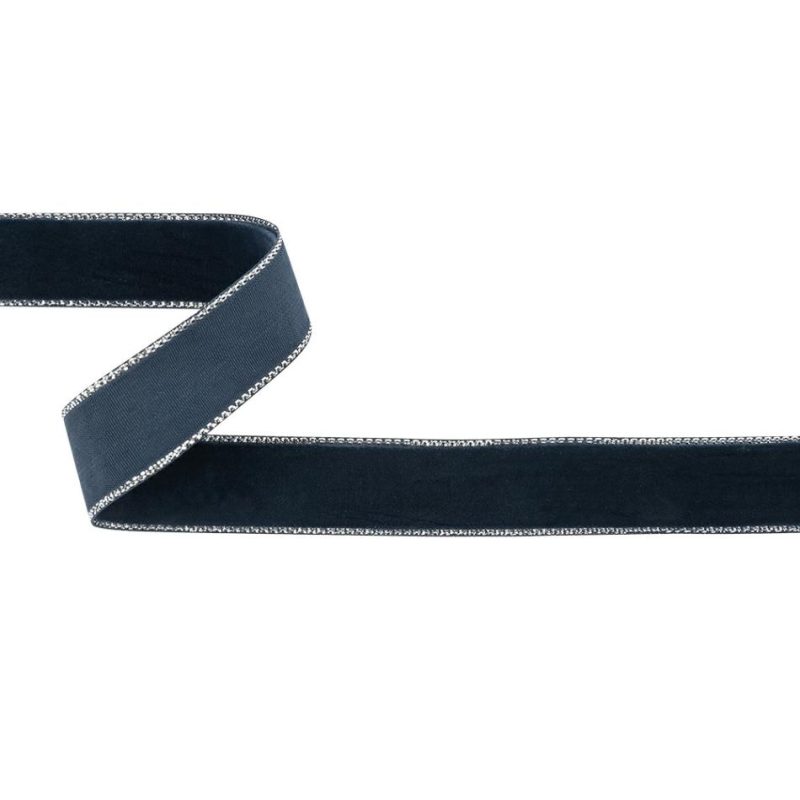 Velvet | Dress Blues And Silver Metallic Lined Velvet Ribbon – 0.625" Metallic Dress Blues,Ice Flow