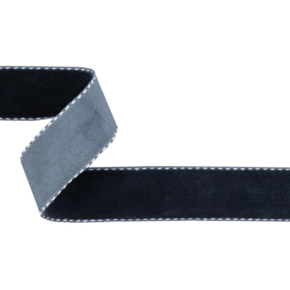 Velvet | Dress Blues And White Side-Stitched Velvet Ribbon – 1" Ribbons Dress Blues,Lucent White