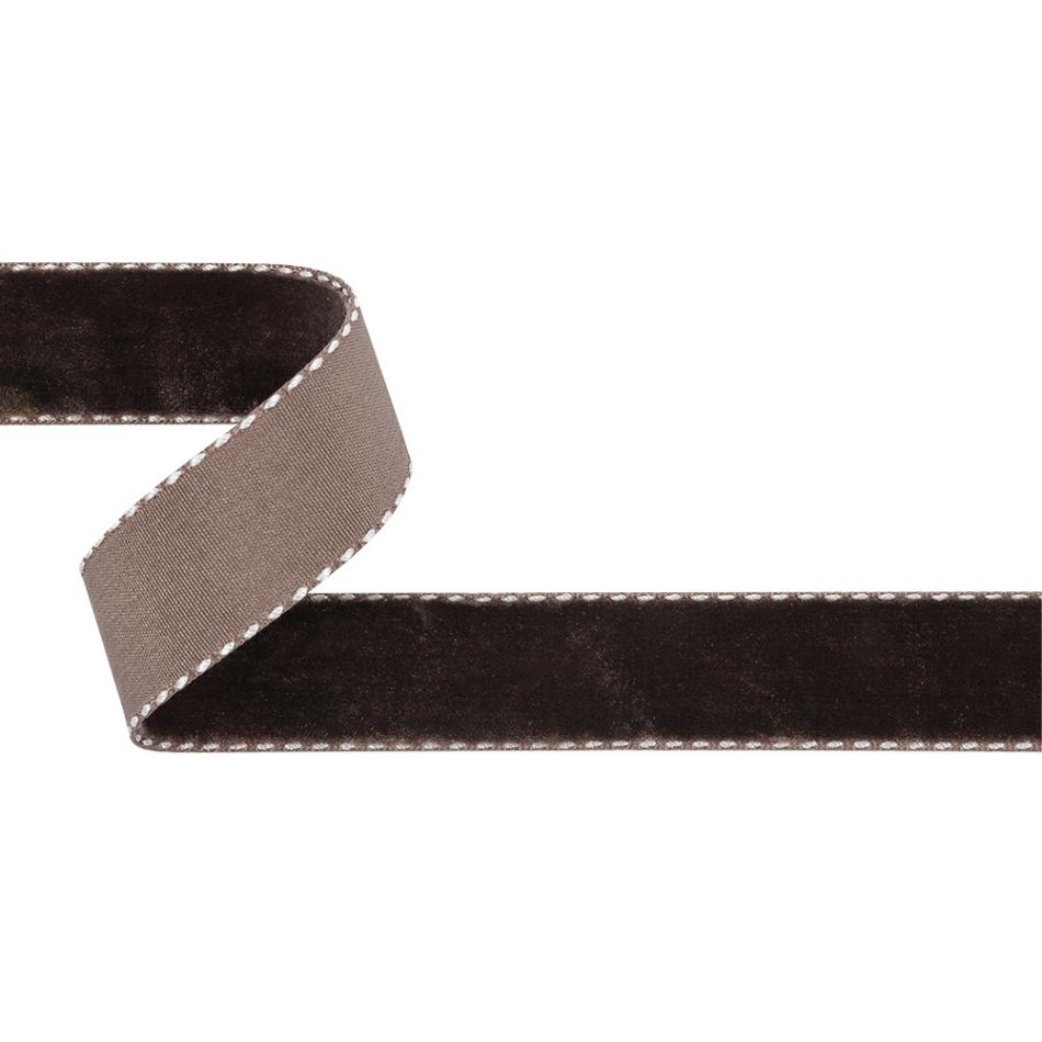 Velvet | Faded Brown And White Side-Stitched Velvet Ribbon – 0.75" Ribbons Lucent White