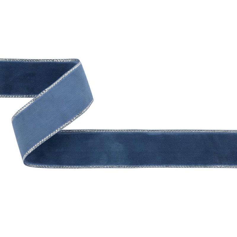 Velvet | Navy Peony And Silver Metallic Lined Velvet Ribbon – 0.875" Metallic Metallic