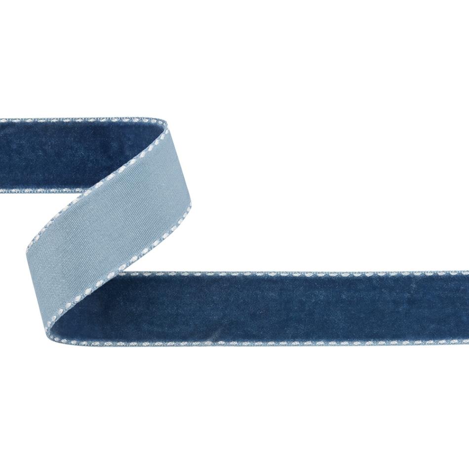 Velvet | Navy Peony And White Side-Stitched Velvet Ribbon – 0.75" Ribbons Navy Peony,Lucent White