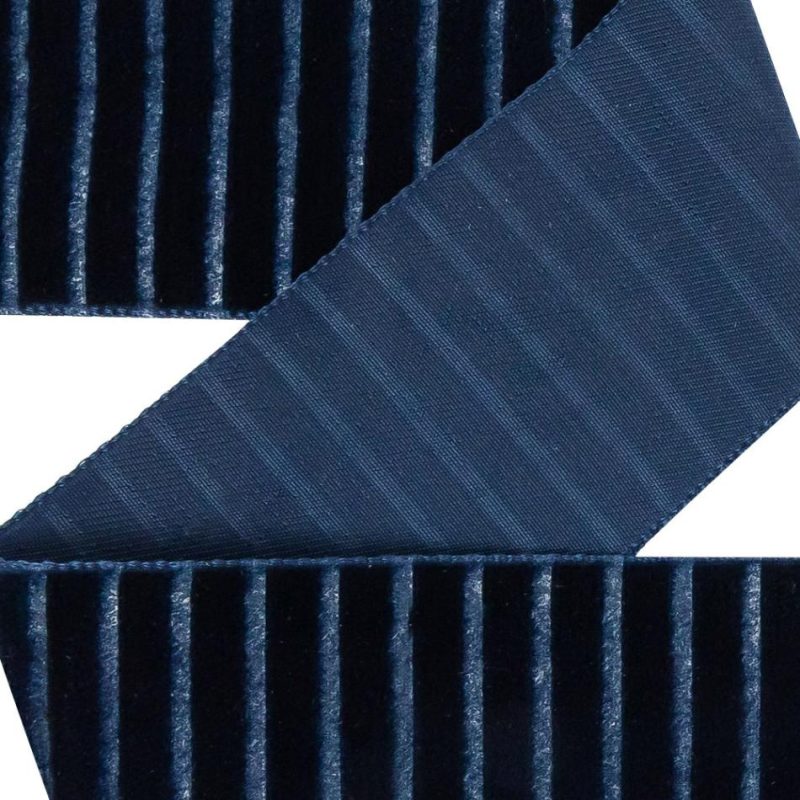 Velvet | Navy Vertical Stripes Velvet Burnout Trim – 1.4375" Ribbons Navy