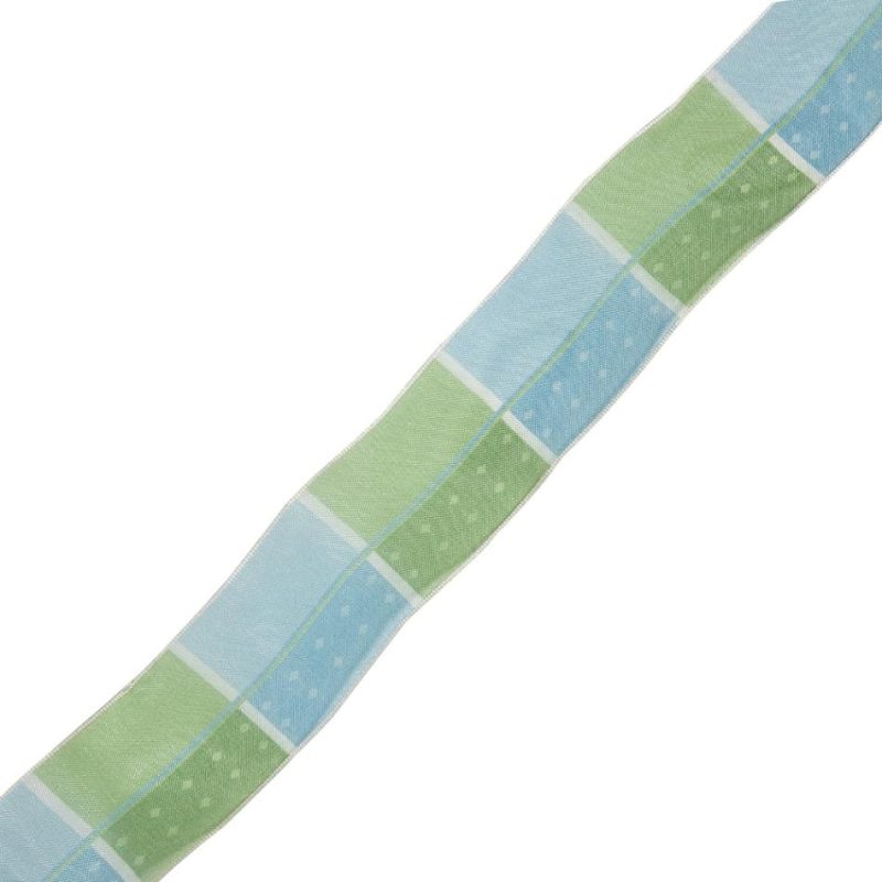 Wired | Grass Green, White And Sky Blue Polka Dots And Plaid Wired Organza Ribbon – 1.625" Organza Organza