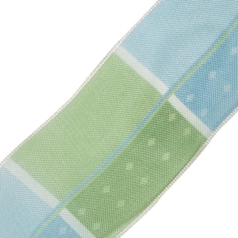 Wired | Grass Green, White And Sky Blue Polka Dots And Plaid Wired Organza Ribbon – 1.625" Organza Organza