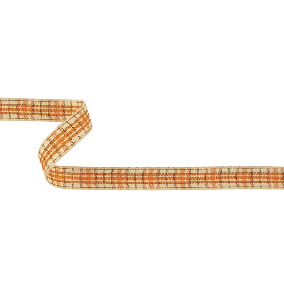 Woven | Golden Poppy, Brown And Vanilla Ice Plaid Woven Ribbon – 0.625" Ribbons Vanilla Ice,Golden Poppy