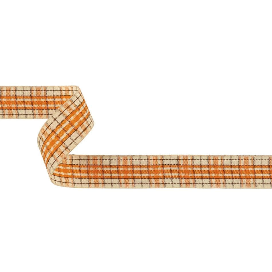 Woven | Golden Poppy, Brown And Vanilla Ice Plaid Woven Ribbon – 1" Ribbons Vanilla Ice,Golden Poppy