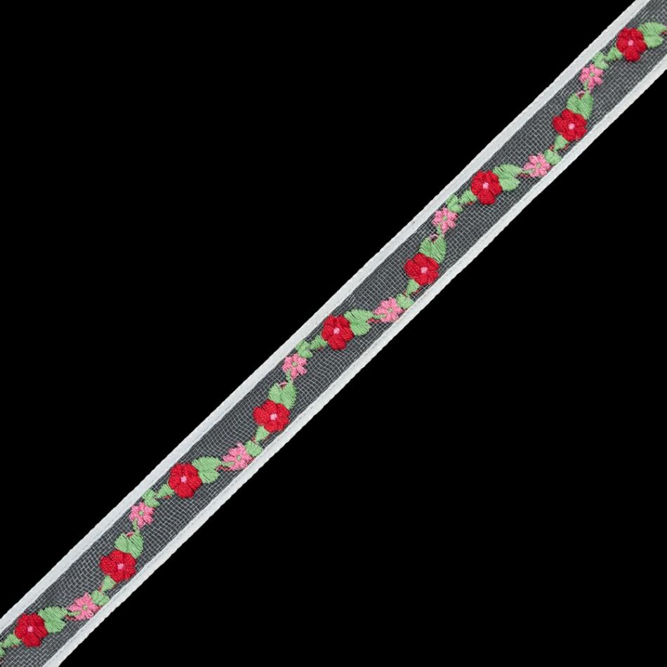 Woven | Red Floral Embroidered Tulle Ribbon – 1" Ribbons Racing Red,Desert Rose,Shamrock