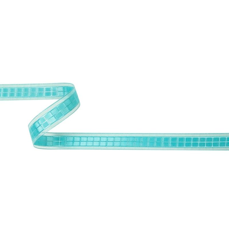 Woven | Turquoise Windowpane Checks And Sheer Borders Woven Ribbon – 0.625" Ribbons Sheer