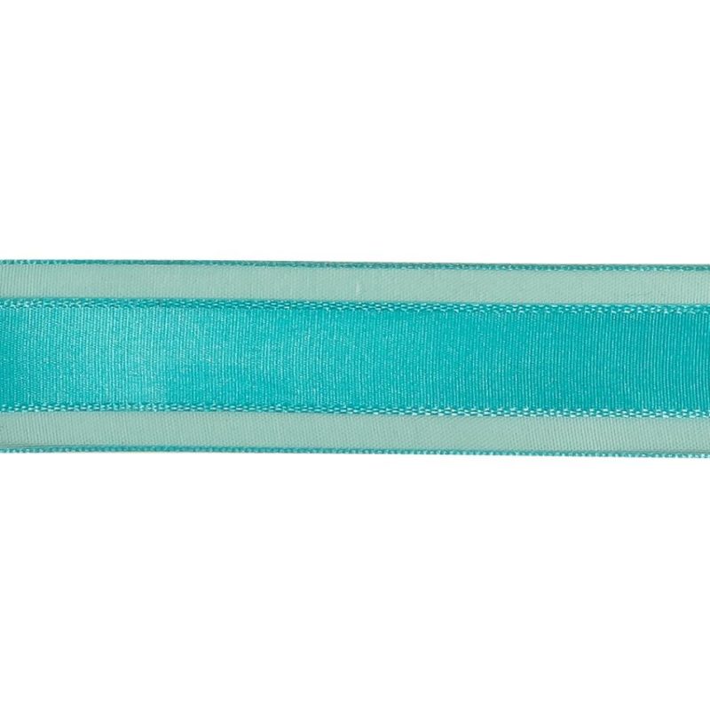 Woven | Turquoise Woven Ribbon With Sheer Organza Borders – 1" Ribbons Sheer