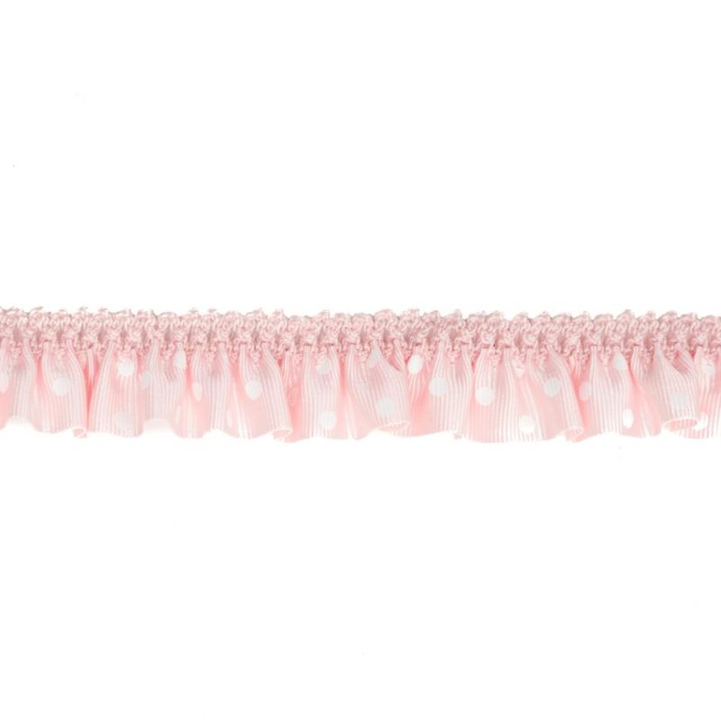 Grosgrain | European Light Pink And White Polka Dot Ruffled Stretch Grosgrain .875" Grosgrain Grosgrain