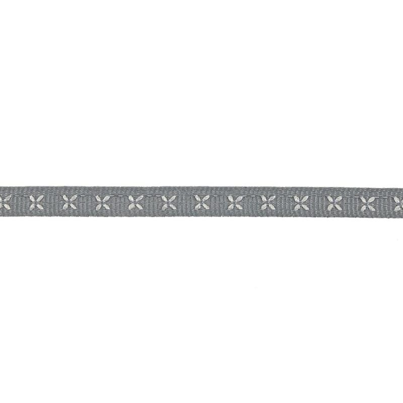 Grosgrain | Gray Grosgrain Ribbon With Blanc De Blanc Stitched Flowers – 0.25" Grosgrain Blanc De Blanc